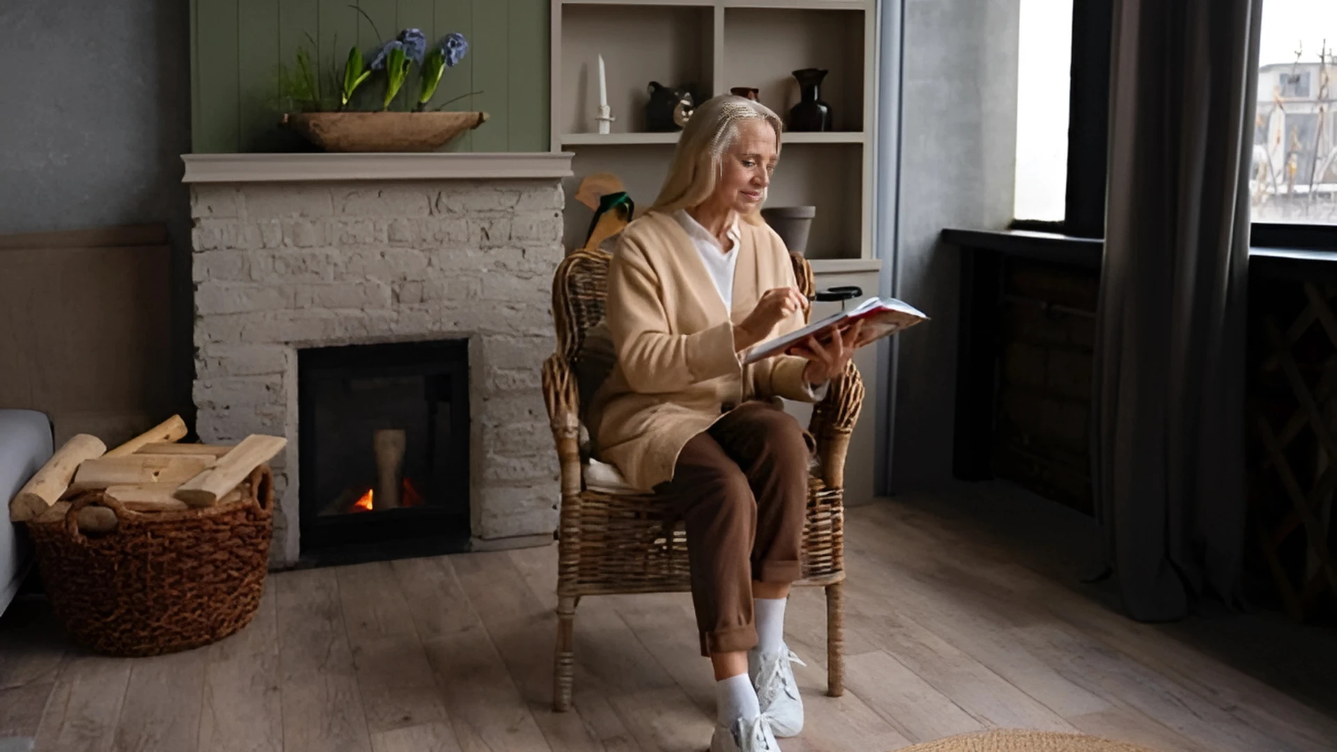 Elderly woman relaxing in a cozy senior living room while writing in a journal near a fireplace.