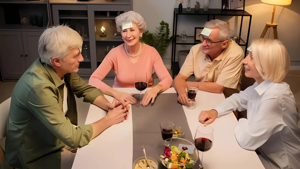 Group of seniors enjoying a fun evening game together at a table, sharing laughs and wine in a senior living community.