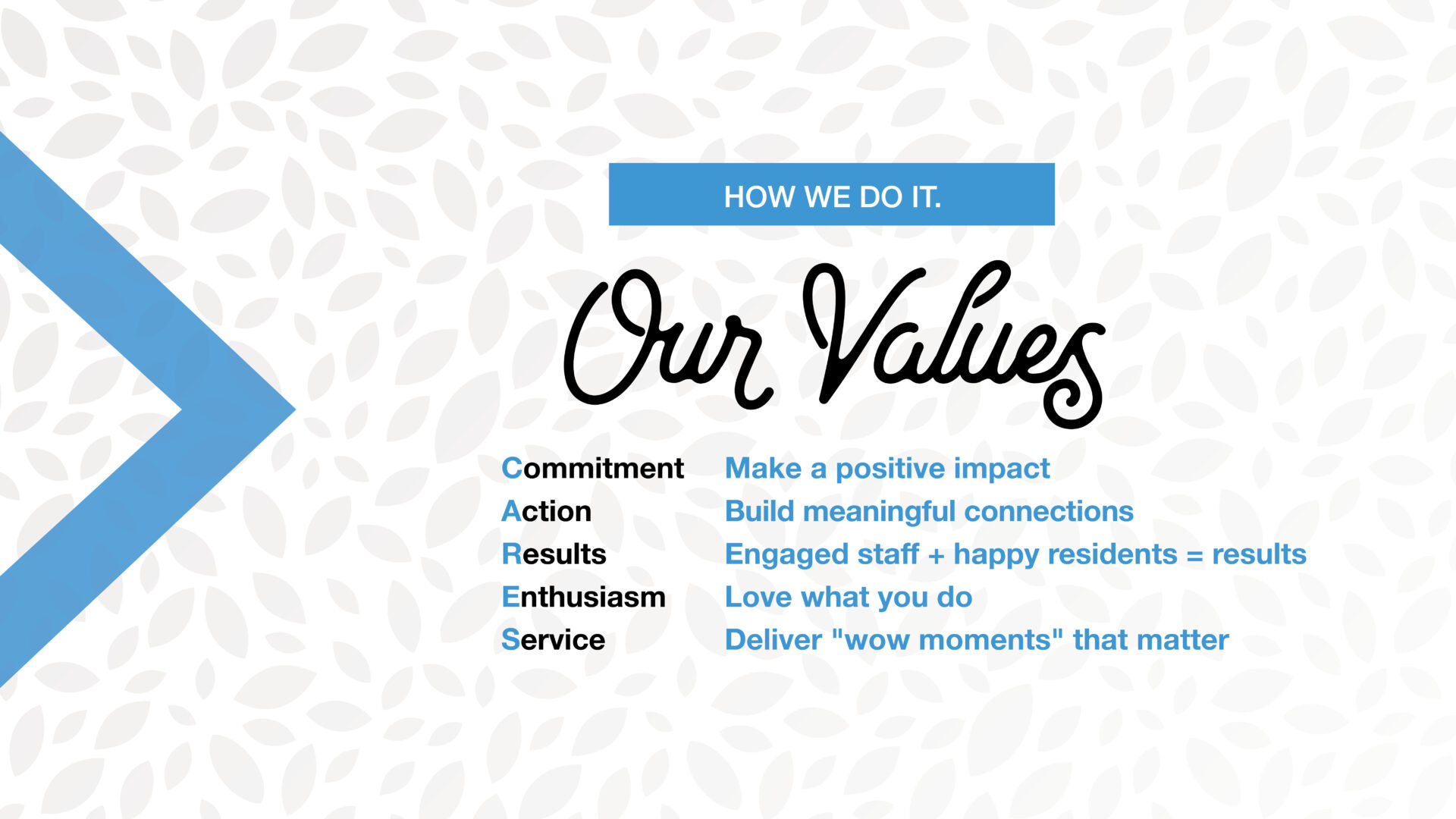 Seasons Values: CARES: Commitment, Action, Results, Enthusiasm, and Service.