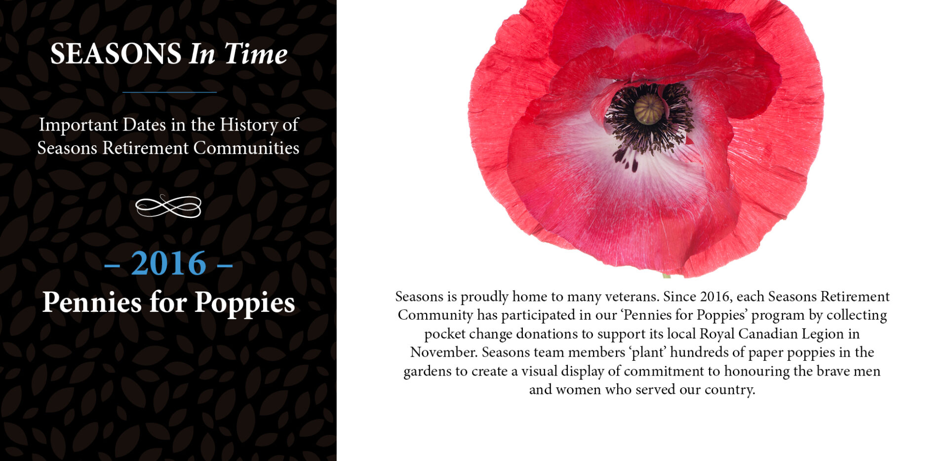 Seasons in time - In 2016 Seasons launches Pennies for Poppies program in honour of Remembrance Day and Canadian Veterans