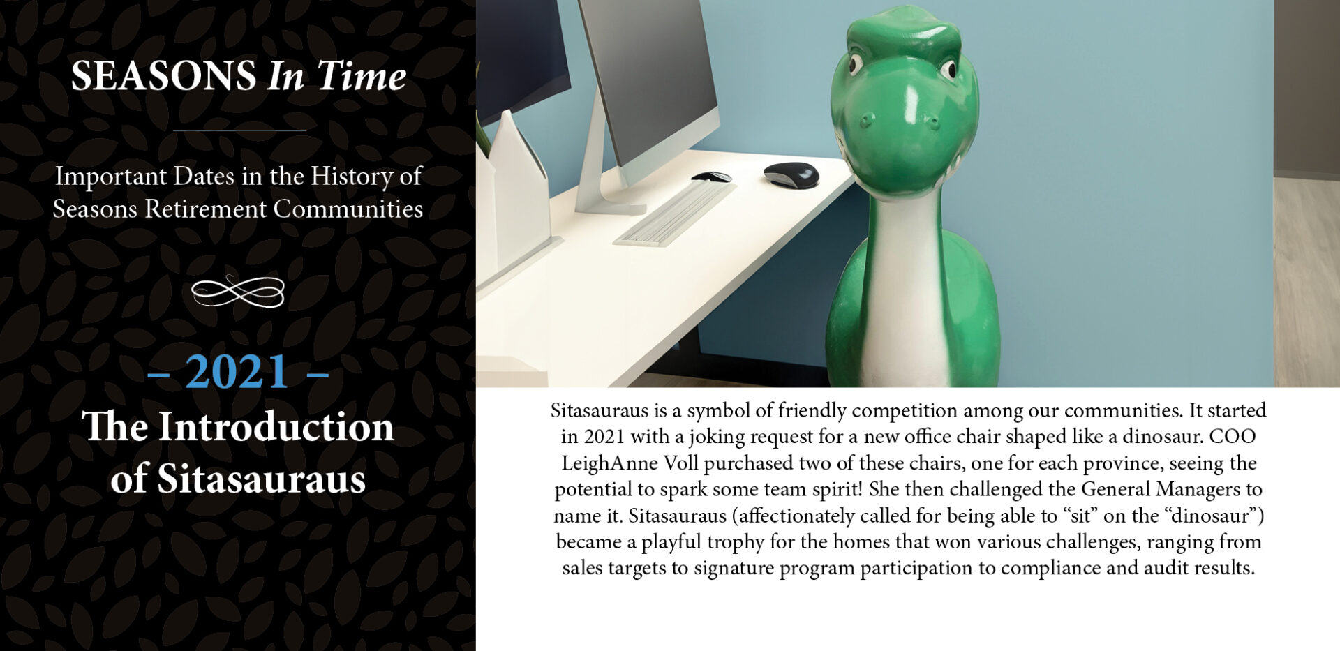 Seasons in time - In 2021, Sitasaurus is introduced to the company as a symbol and award of friendly competition among our communities.