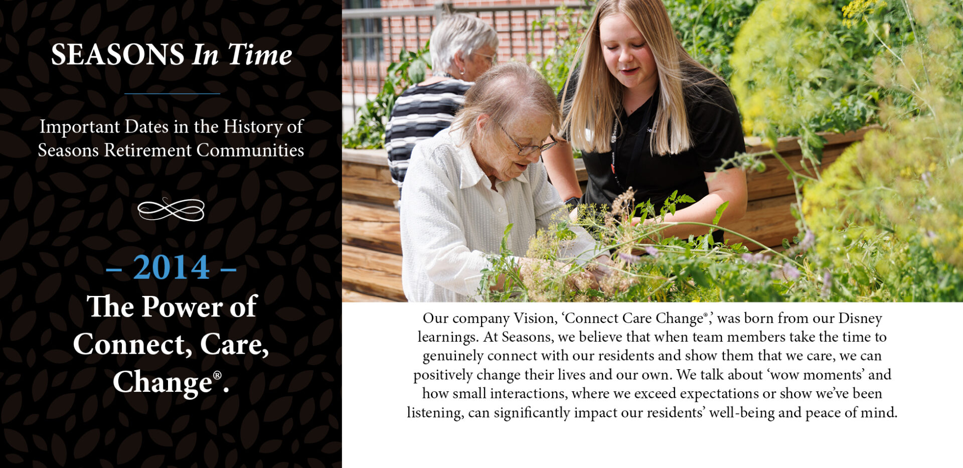 Seasons in time - In 2014, Seasons launches its company vision of 'Connect, Care, Change'