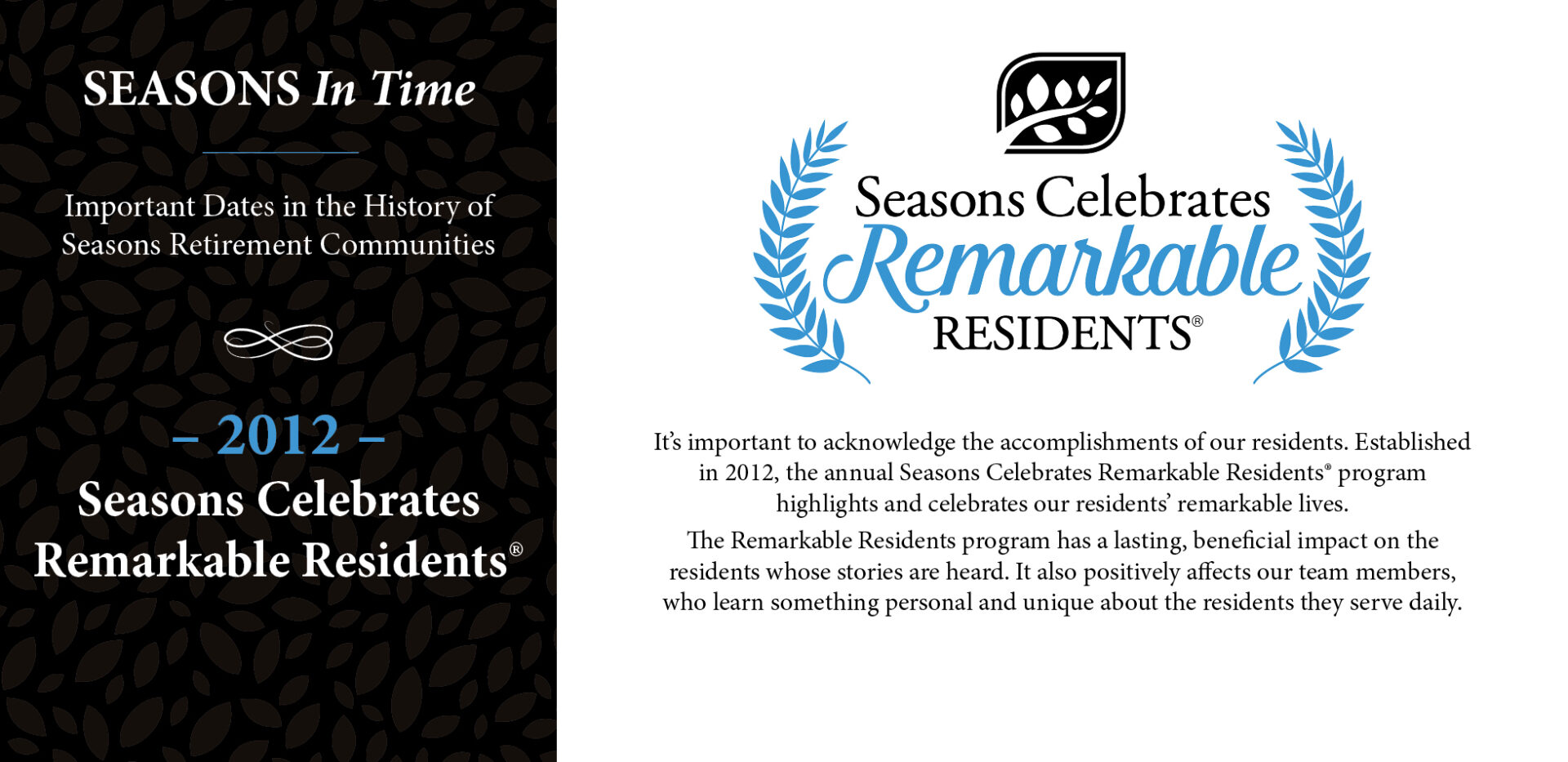 Seasons in time - In 2012, Seasons Retirement launches Remarkable Residents Program to highlight the important accomplishments of our residents.