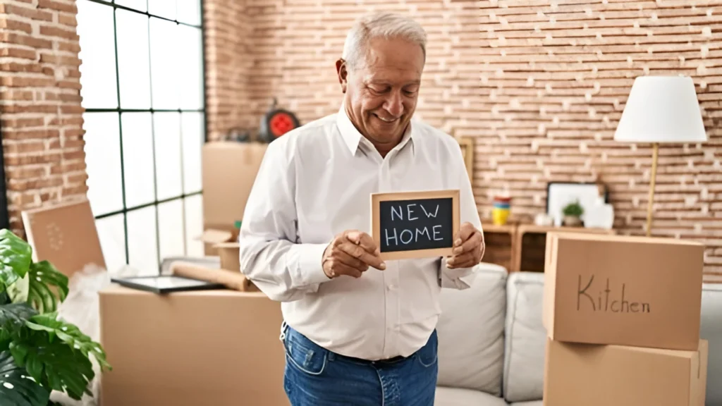Smiling senior man holding a “New Home” sign while standing in a living room full of packed boxes, ready to settle into a retirement community.