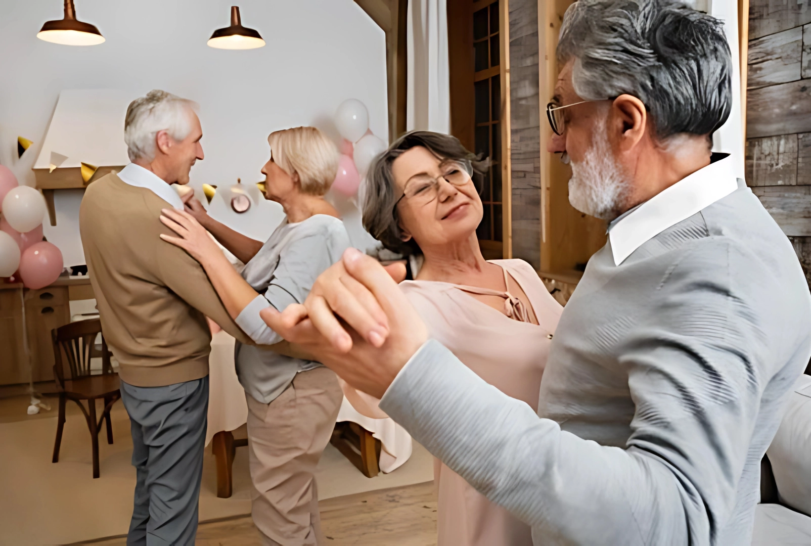 Senior couples dancing and enjoying a celebration, highlighting the vibrant social life and events offered in senior living communities.